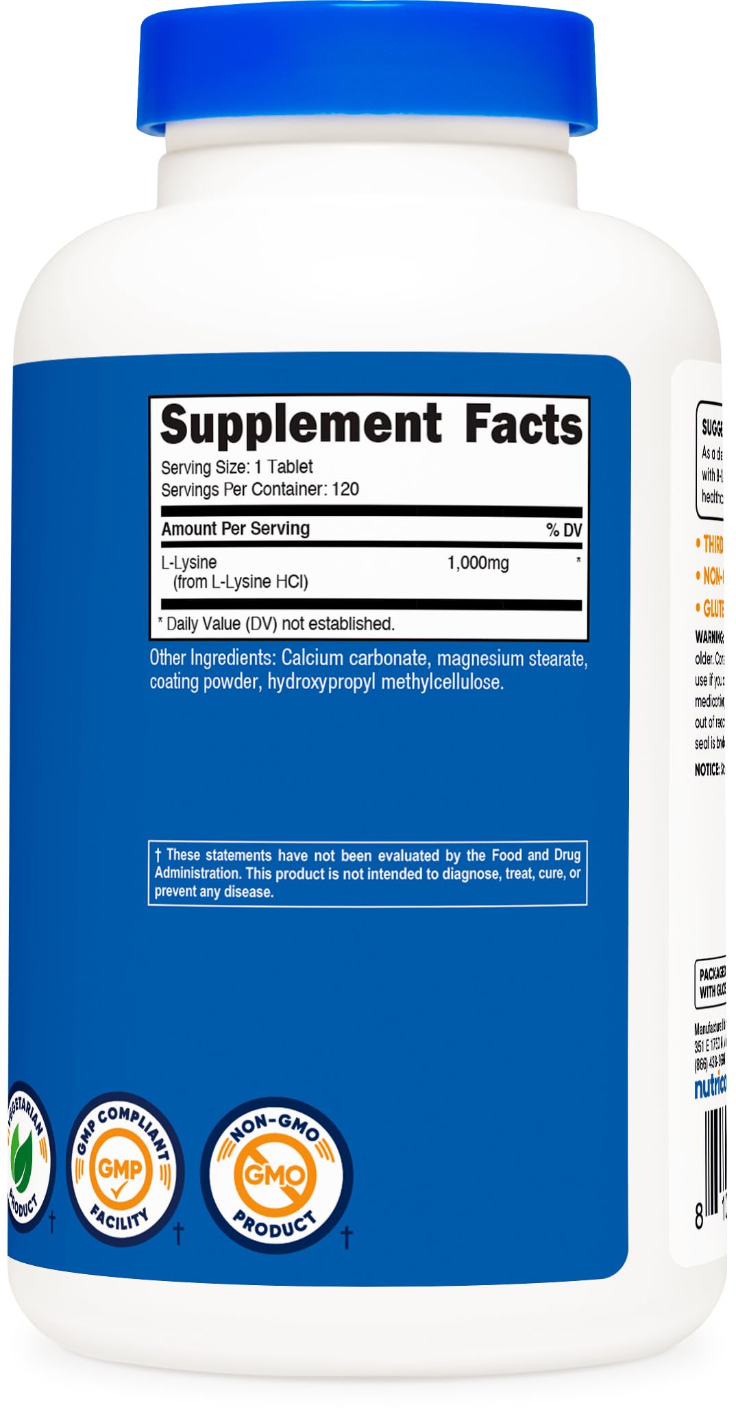 Nutricost L-Lysine 1000mg with GMP and FDA-registered facility seal.