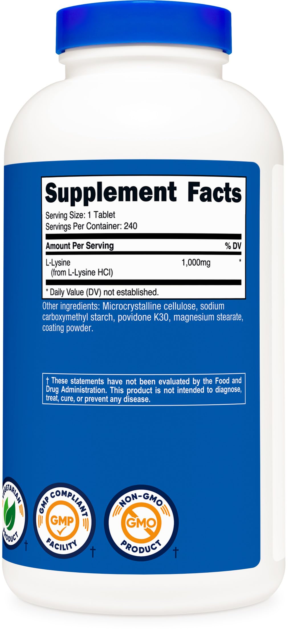 Nutricost L-Lysine 1000mg packaging on shelf demonstrates vegetarian-friendly formulation.