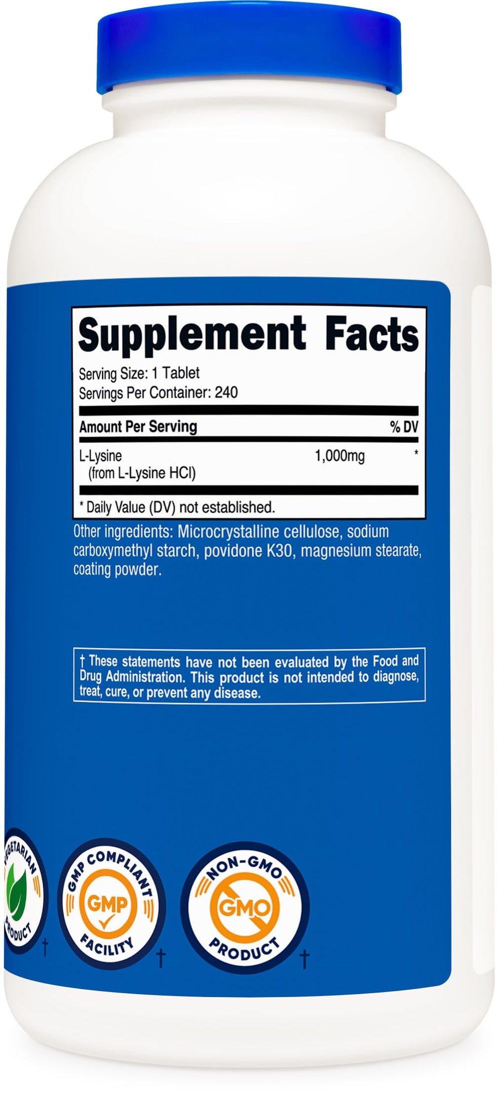 Nutricost L-Lysine 1000mg packaging on shelf demonstrates vegetarian-friendly formulation.