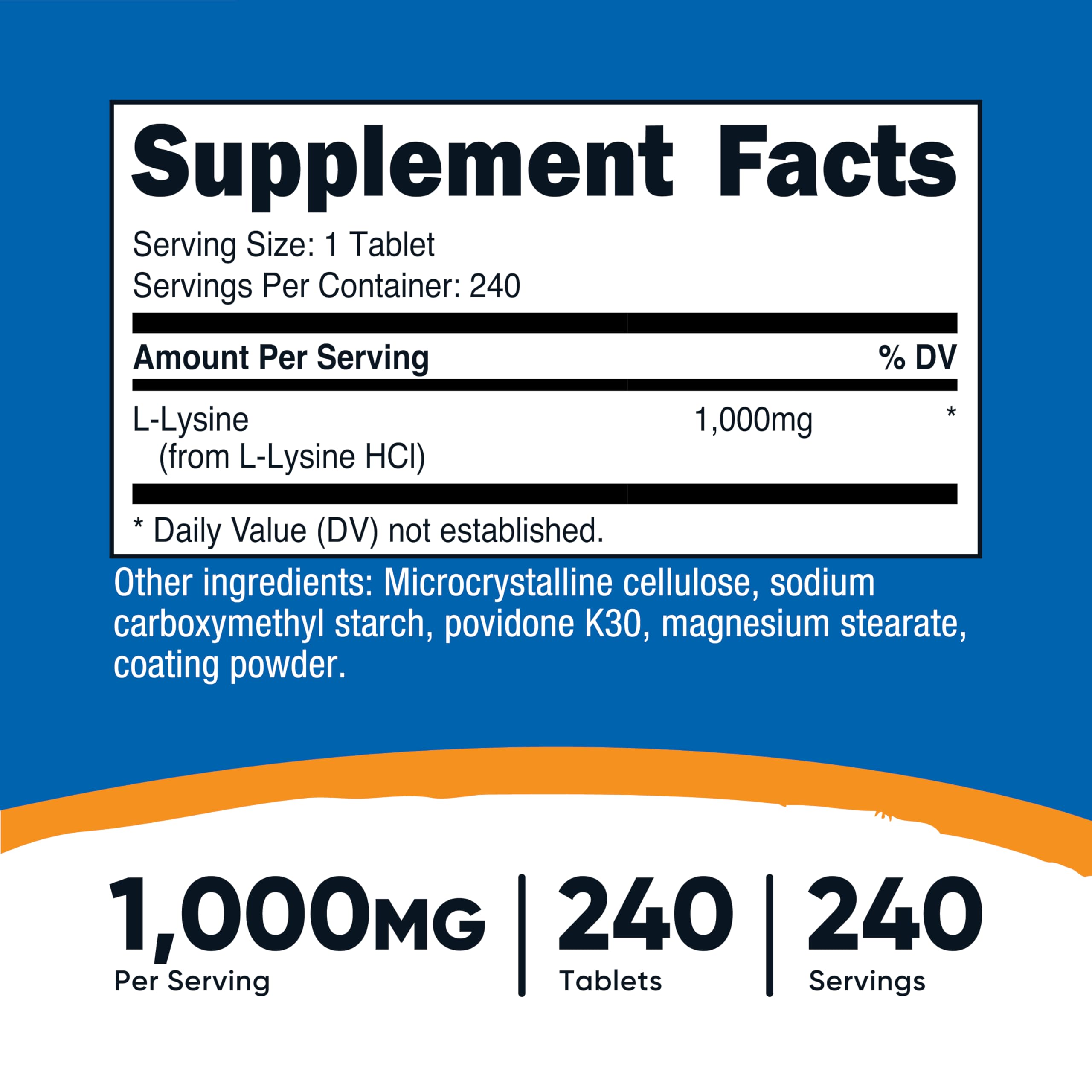 Nutricost L-Lysine 1000mg tablets resting on white surface for daily amino acid support.