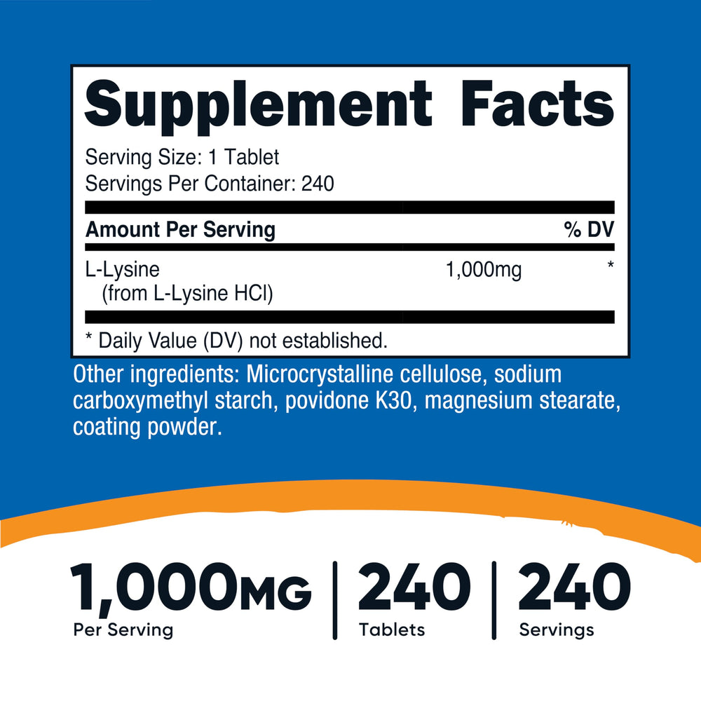 Nutricost L-Lysine 1000mg tablets resting on white surface for daily amino acid support.
