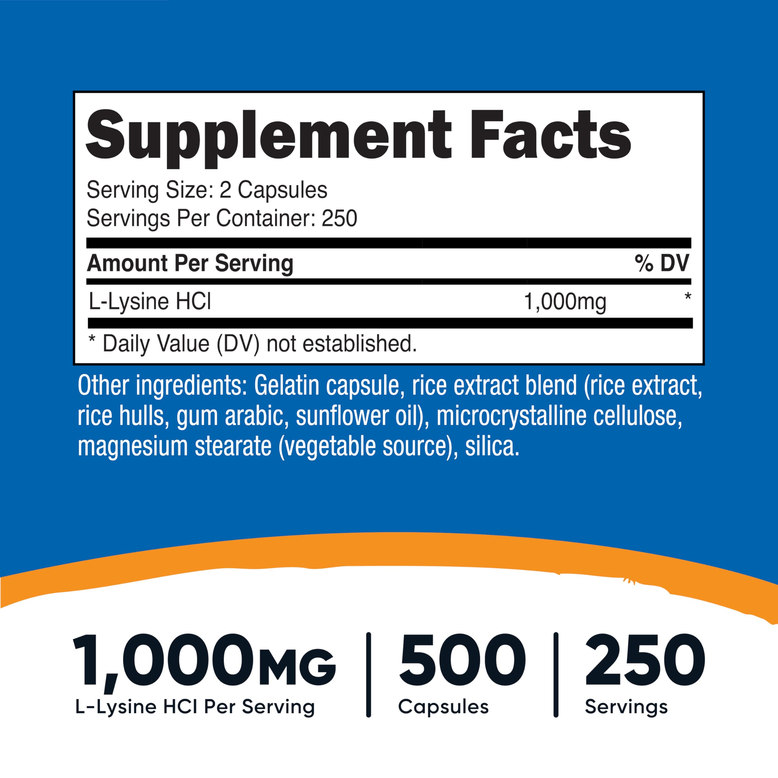 Close-up of Nutricost L-Lysine capsules with 500 mg each for flexible dosing