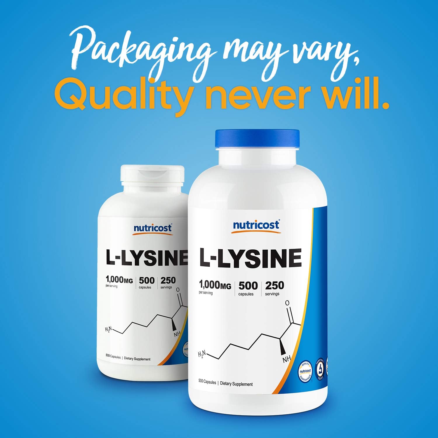 Nutricost L-Lysine bottle with blue cap variation for easy identification