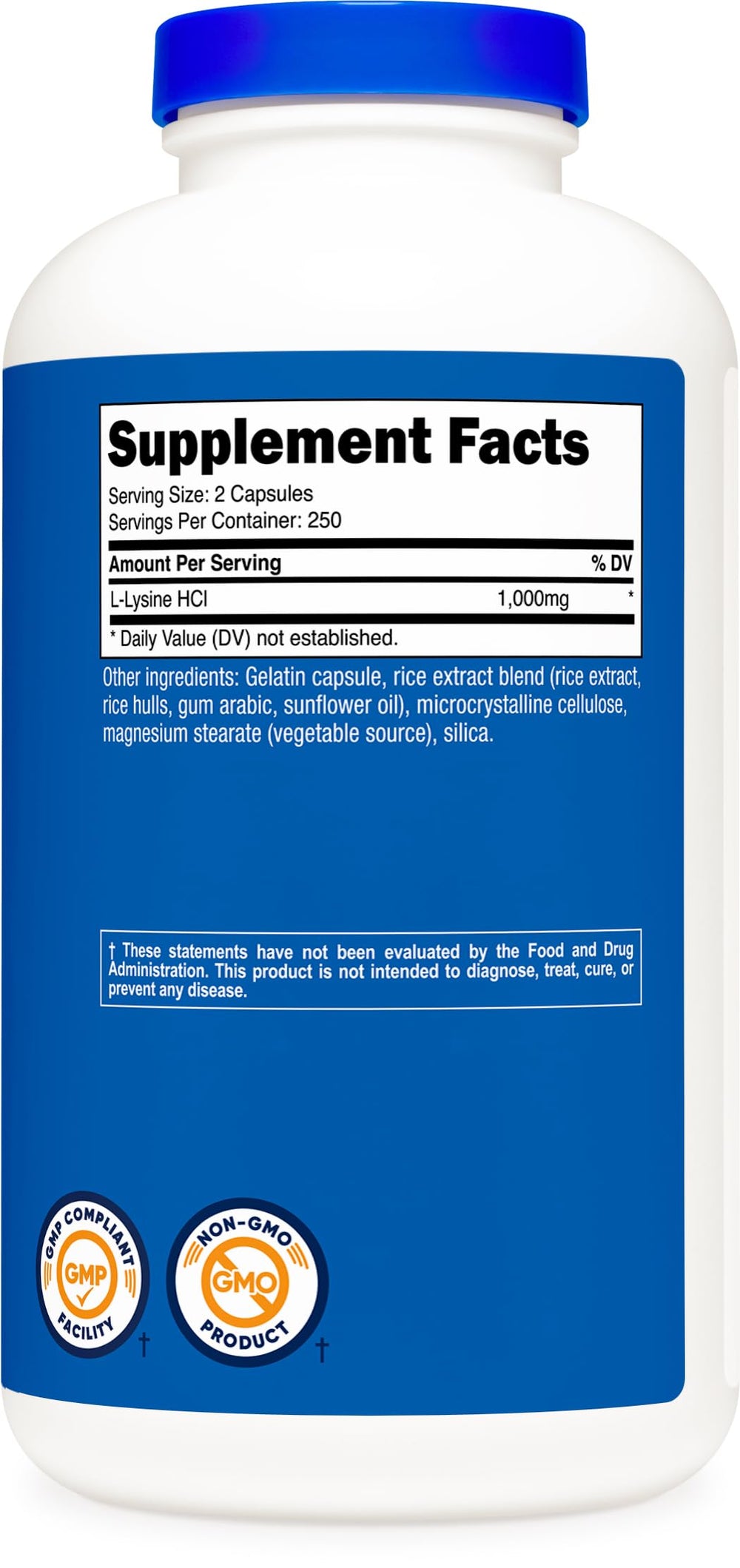 Nutricost L-Lysine bottle showing gluten-free and non-GMO icons