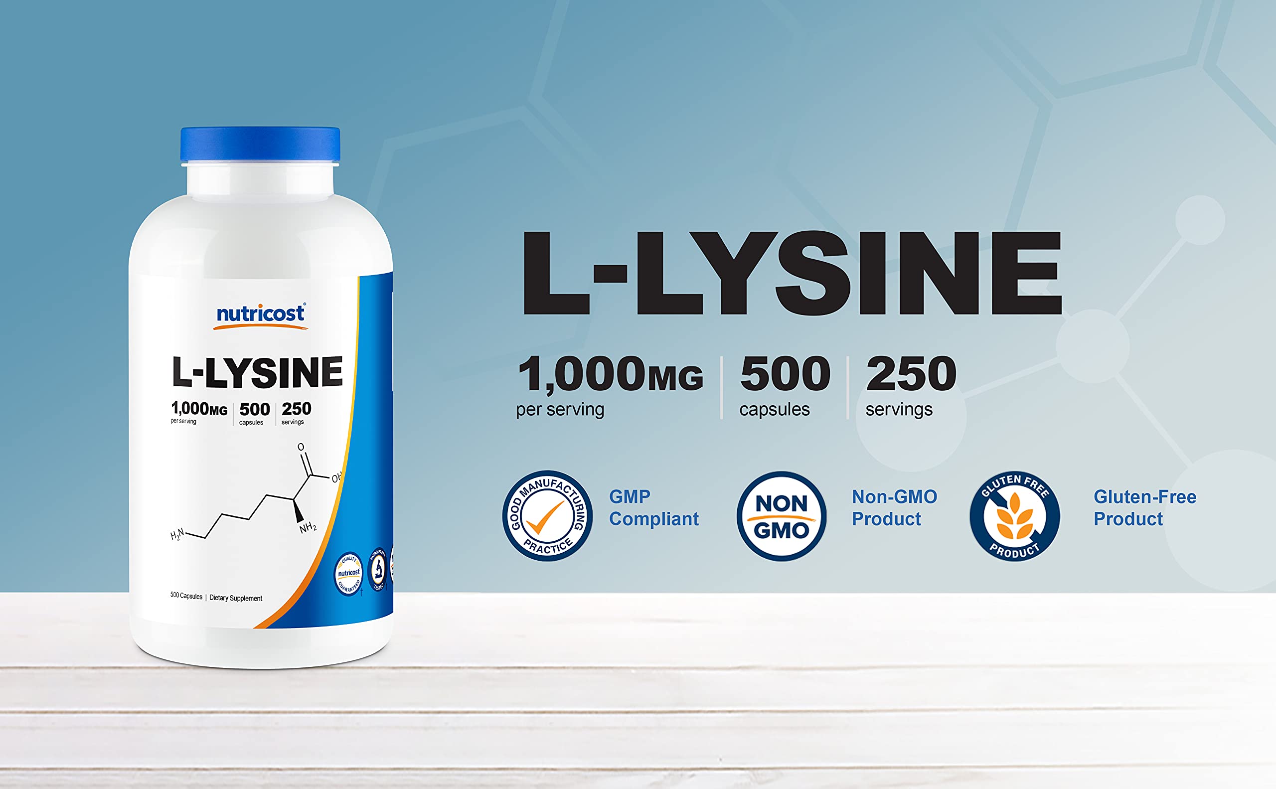 Nutricost L-Lysine serving size spoon illustrating 1-2 capsule guidance