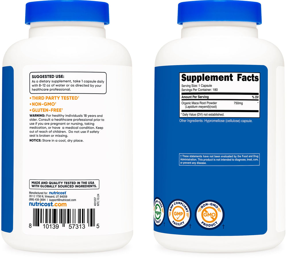 Nutricost Maca Root Capsules closeup showing the 750 mg dosage per capsule.