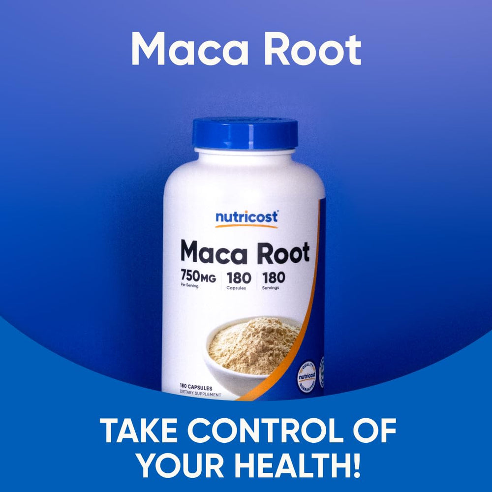 Nutricost Maca Root Capsules label—non-GMO and gluten-free badge visible