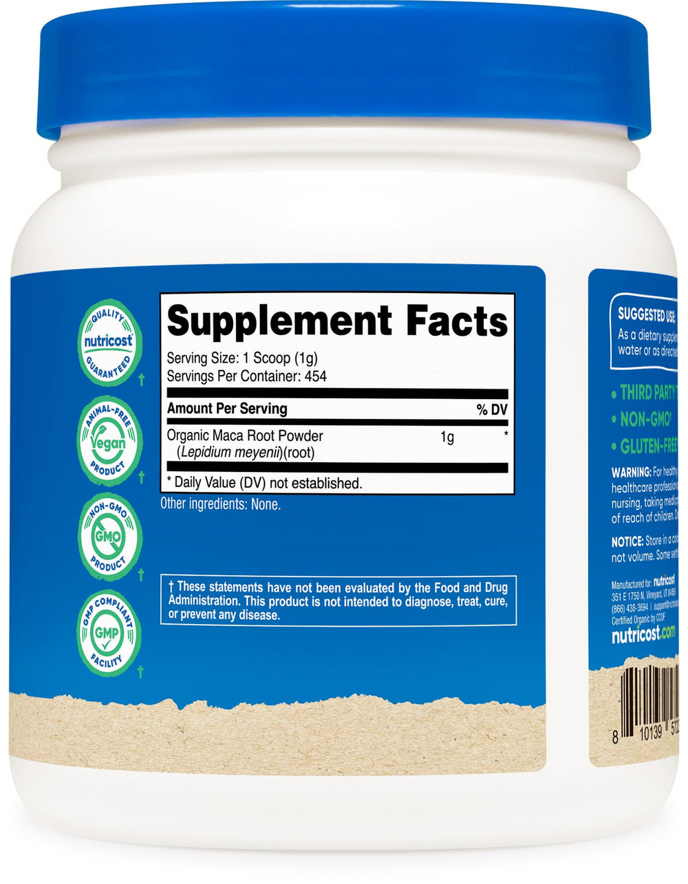 Nutricost Maca Root Powder packaging info notes gluten-free and soy-free formula.