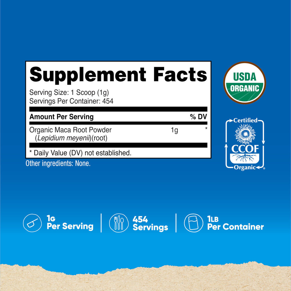 Nutricost Maca Root Powder serving scoop highlights precise 1 gram portions.