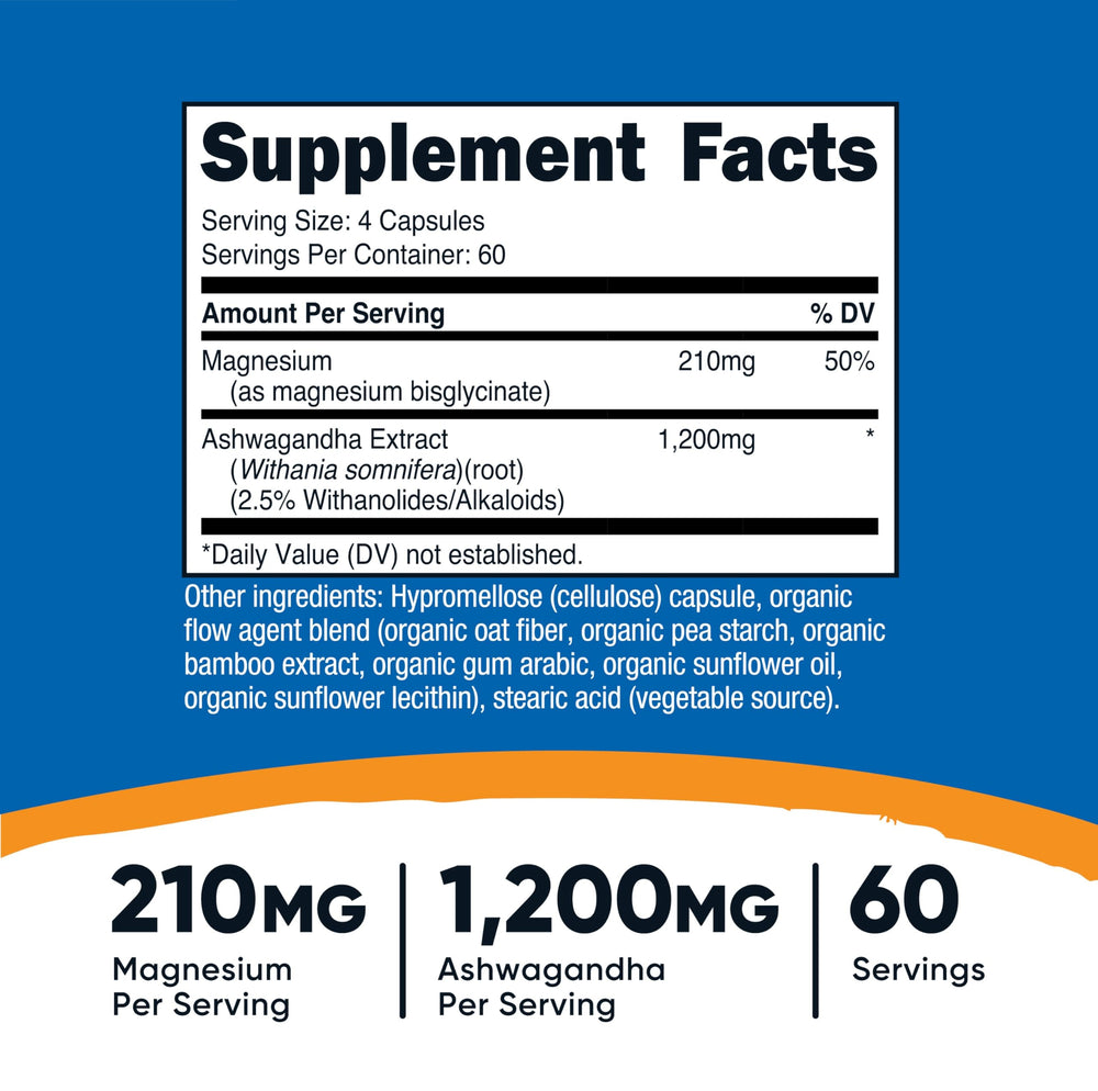 Nutricost Magnesium and Ashwagandha capsules closeup highlighting convenient daily use.