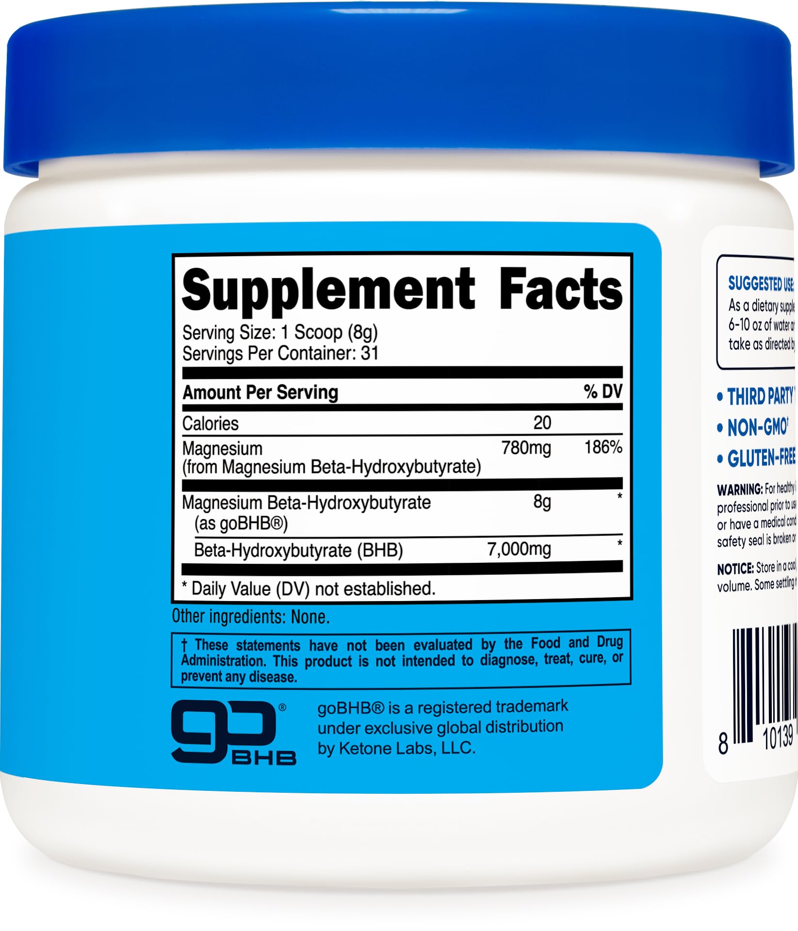 Nutricost Magnesium BHB Salts packaging label shows GMP and FDA facility