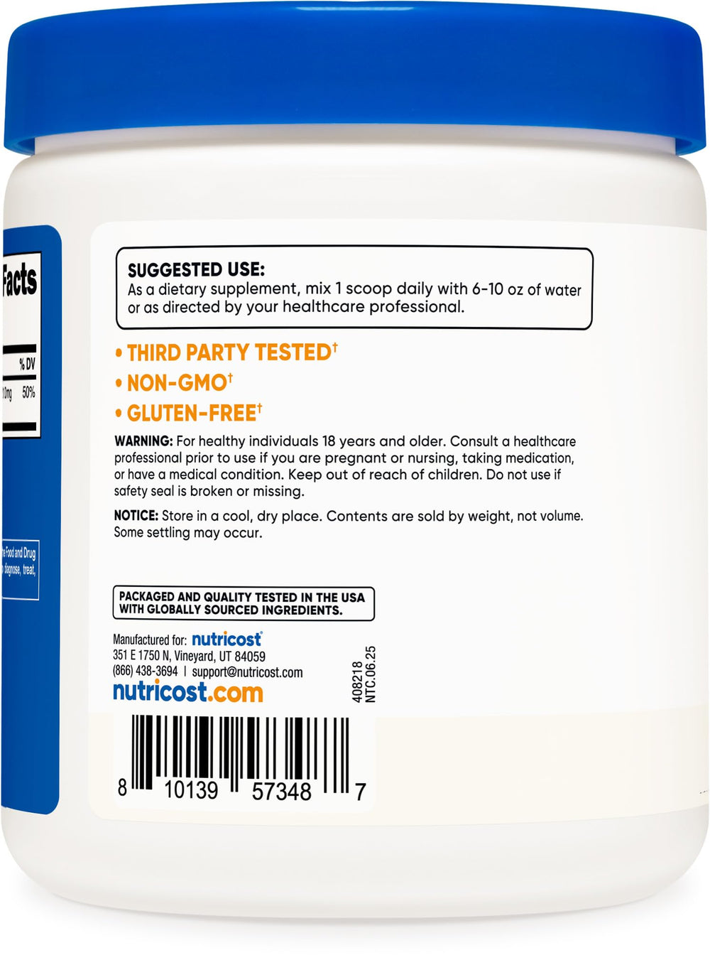 Nutricost powder label highlighting non-GMO, vegan-friendly, gluten-free attributes