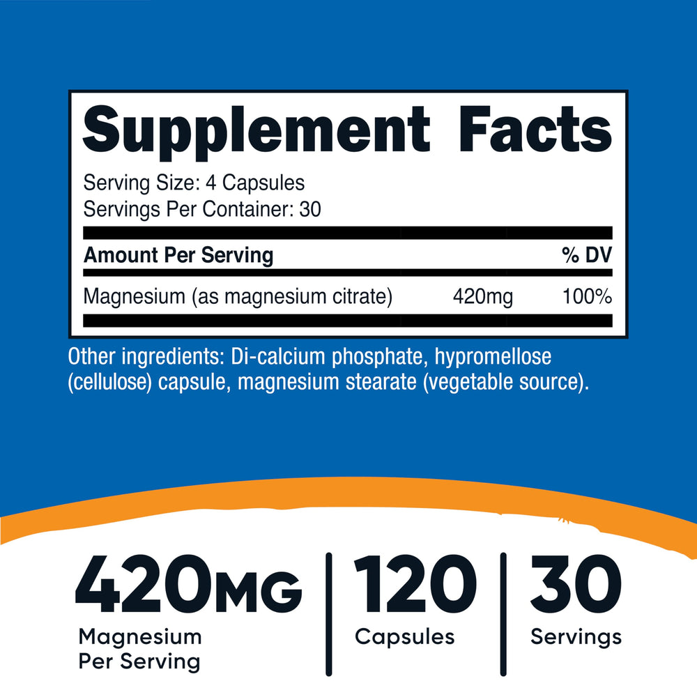 Nutricost Magnesium Citrate capsules close-up, plant-based for gluten-free, non-GMO use