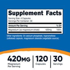 Nutricost Magnesium Citrate capsules close-up, plant-based for gluten-free, non-GMO use