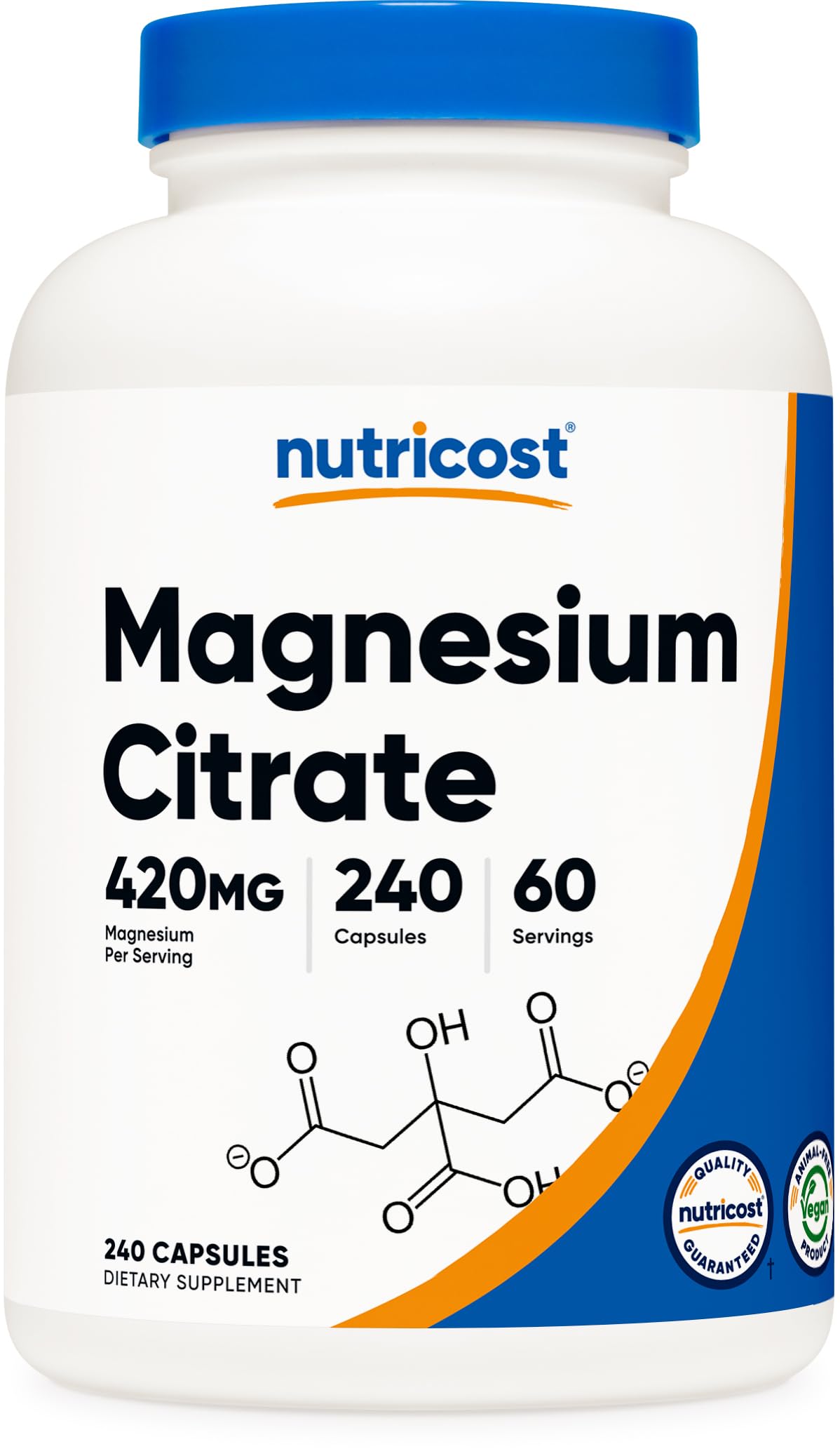 Nutricost Magnesium Citrate bottle closeup highlighting 420 mg per serving for daily mineral intake.