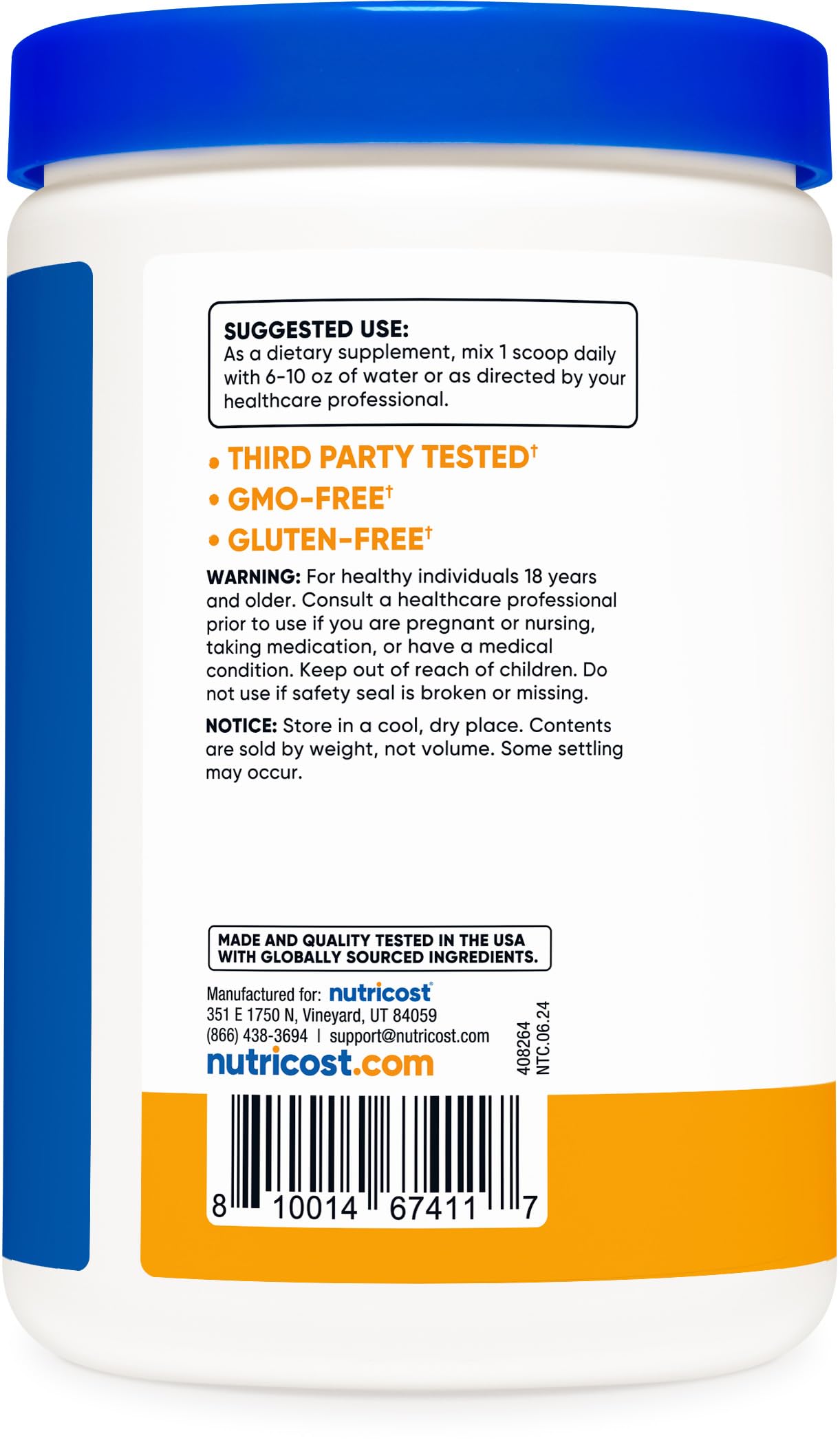 Nutricost Peach Mango bottle close-up highlighting non-GMO and gluten-free attributes.