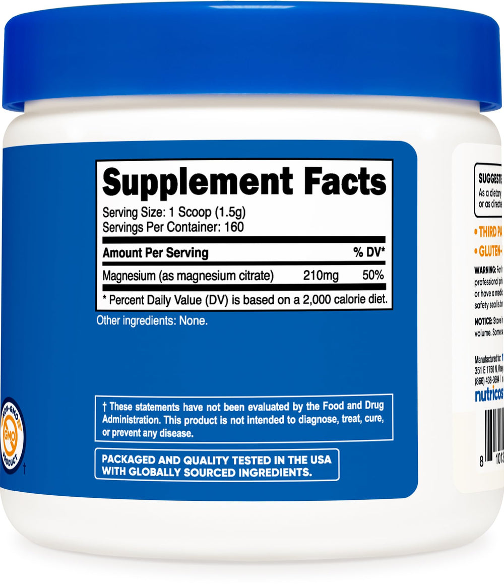 Nutricost Magnesium Citrate Powder 250g bottle shows compact packaging for storage