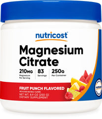 Nutricost magnesium citrate powder bottle with fruit punch flavor for daily supplement.