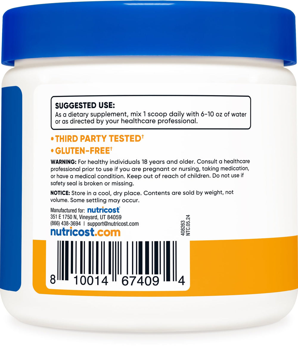 Nutricost Magnesium Citrate Peach Mango bottle label highlights non-GMO and gluten-free attributes.