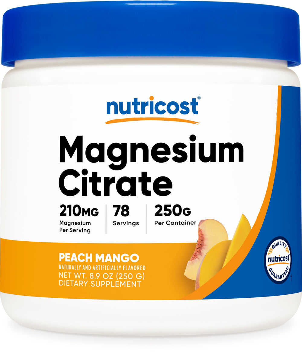 Nutricost Magnesium Citrate Powder Peach Mango bottle with flavor label, ideal for daily supplementation.