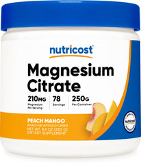 Nutricost Magnesium Citrate Powder Peach Mango bottle with flavor label, ideal for daily supplementation.
