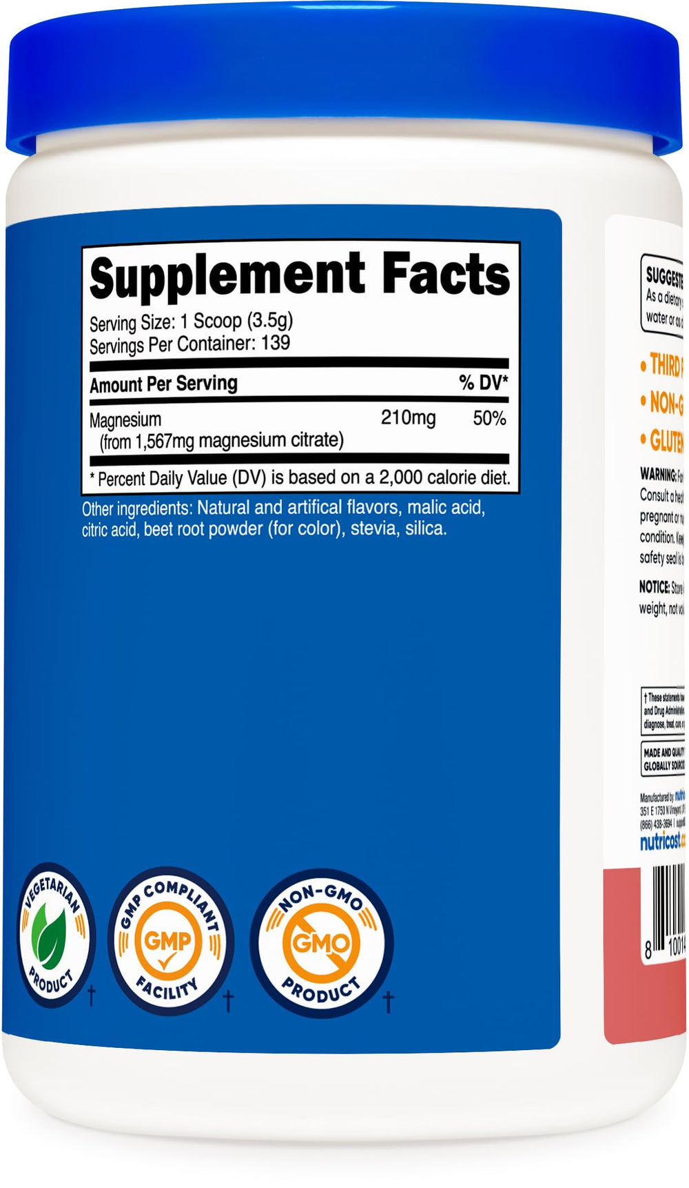 Nutricost Magnesium Citrate Raspberry Lemonade label close-up for transparency.