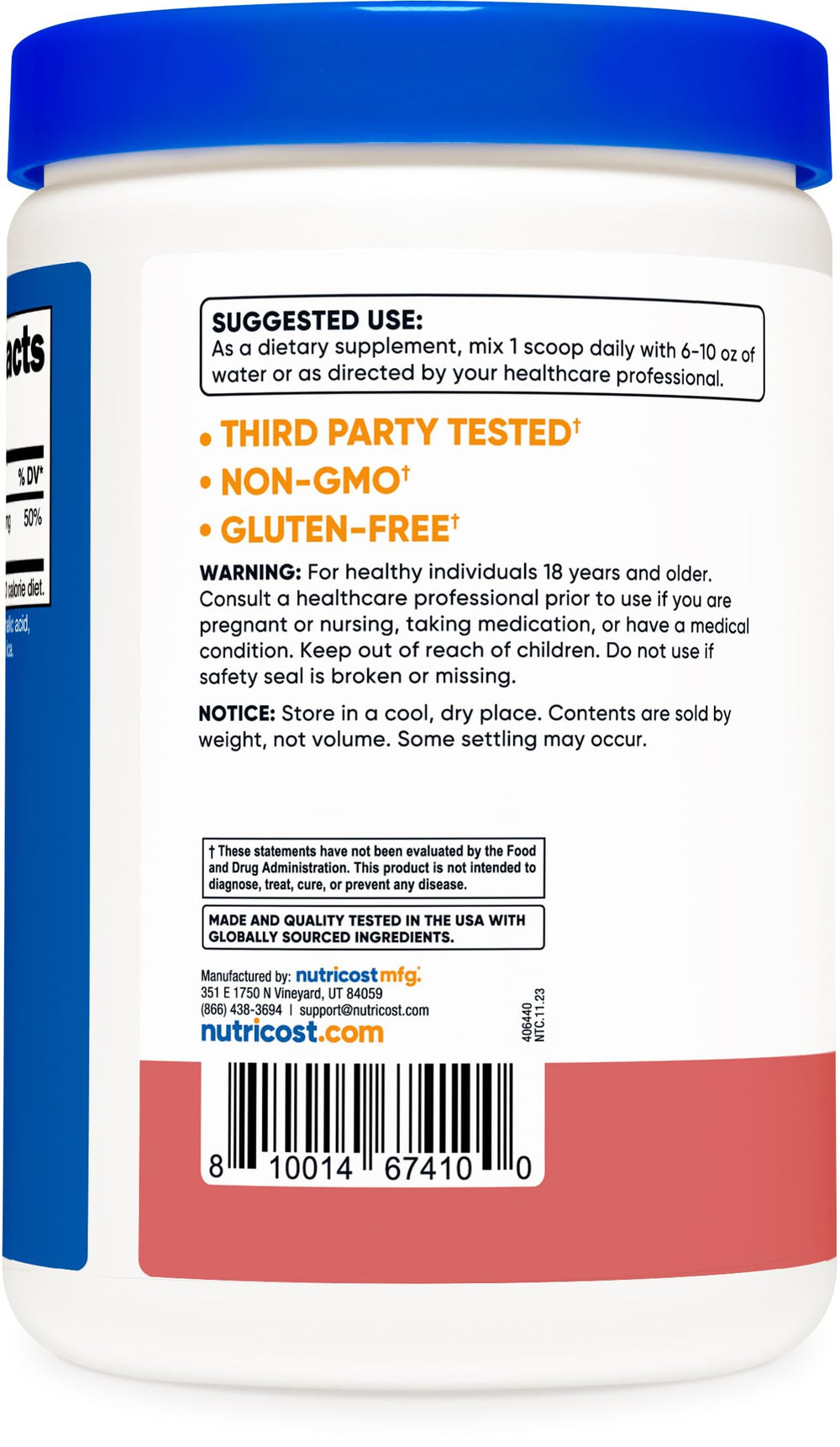 Nutricost Raspberry Lemonade magnesium citrate nutrition label highlights serving size.