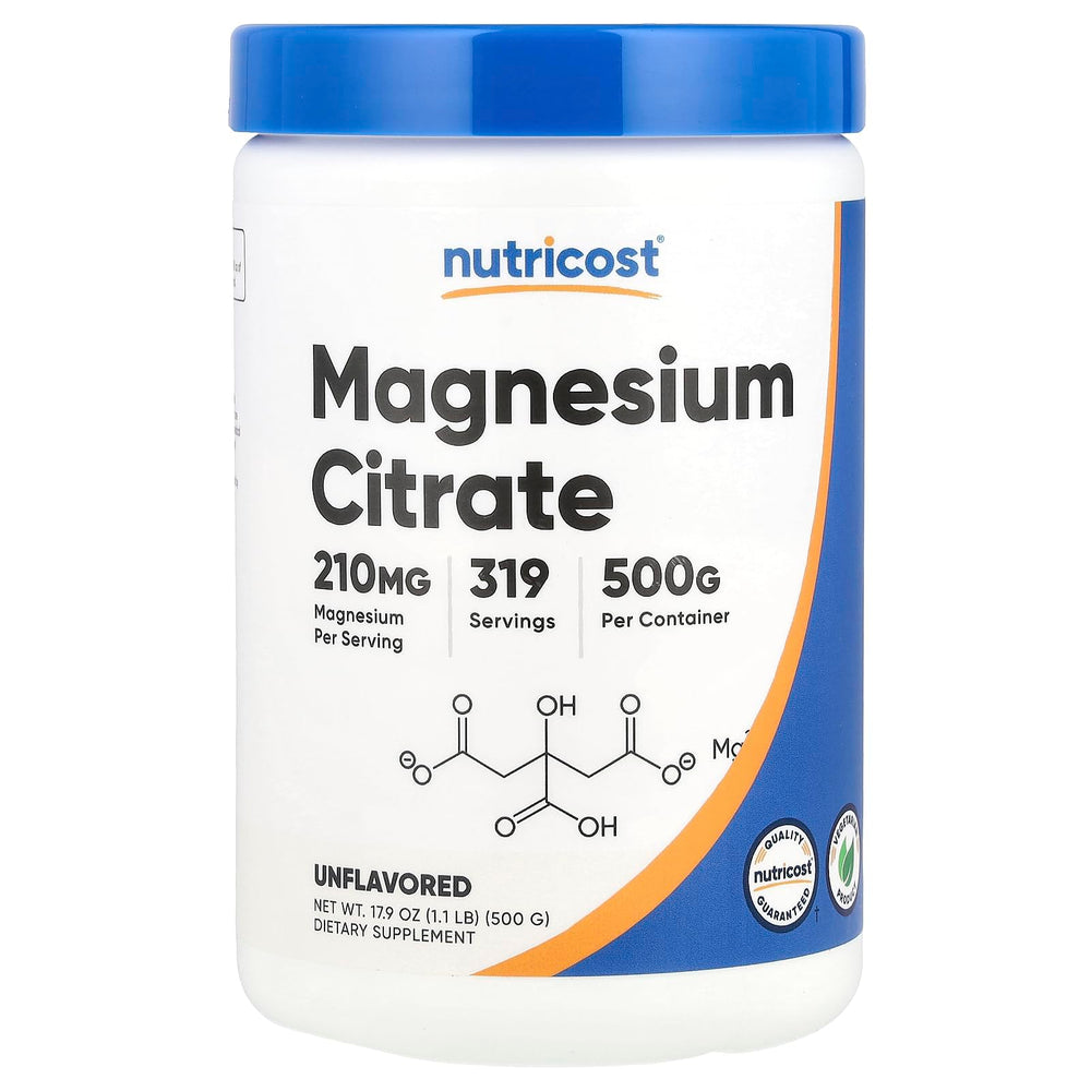 Nutricost Magnesium Citrate Powder bottle with scoop for easy daily dosing.