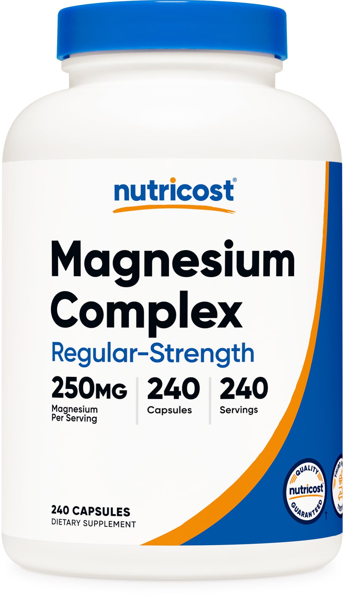 Nutricost Magnesium Complex bottle showing 250 mg serving size for daily wellness.