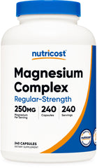 Nutricost Magnesium Complex bottle showing 250 mg serving size for daily wellness.