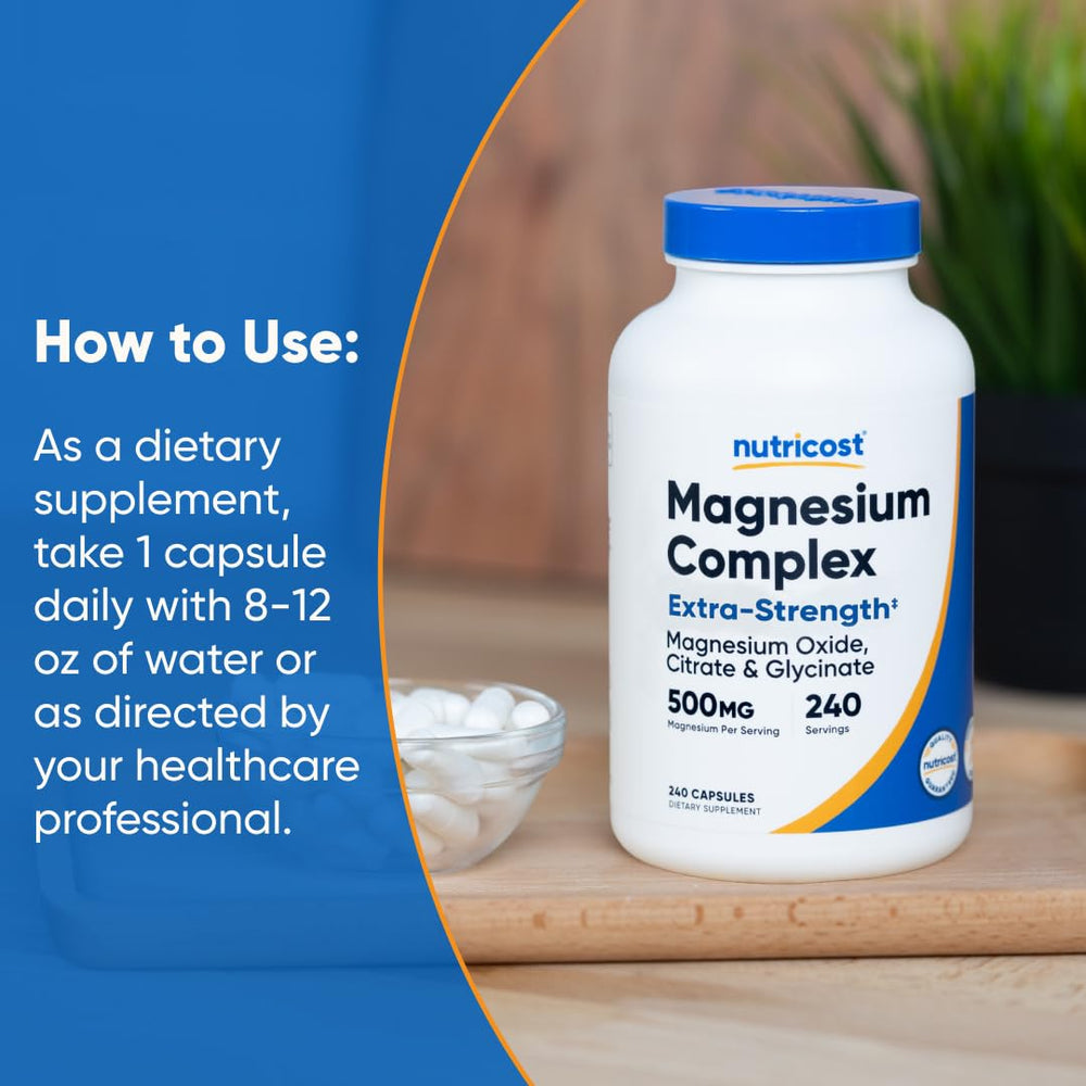 Nutricost Magnesium Complex glass with pills ready for daily use.