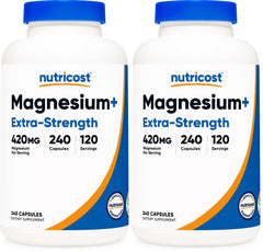 Nutricost Magnesium+ Extra Strength bottle front showing 240 veggie capsules for daily wellness