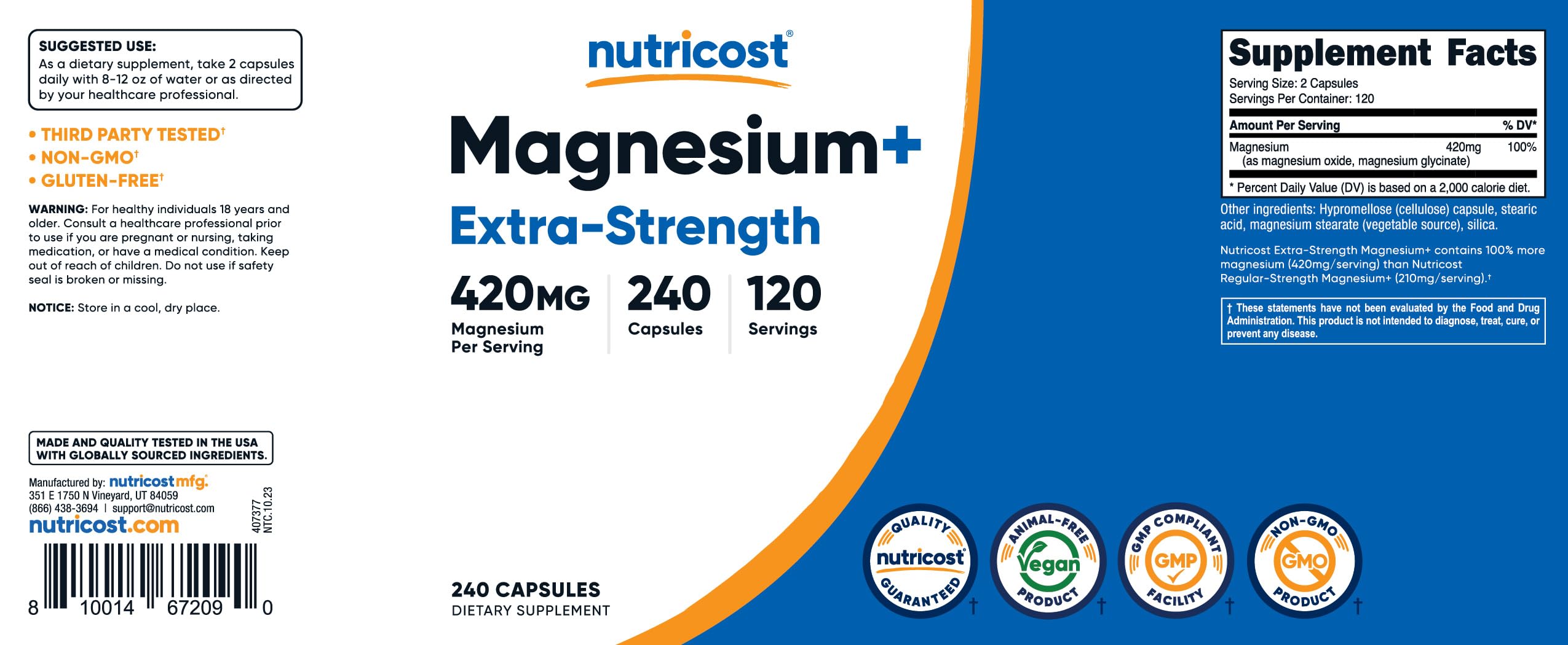 Nutricost Magnesium+ Extra Strength veggie capsules beside a cup for a plant-based option