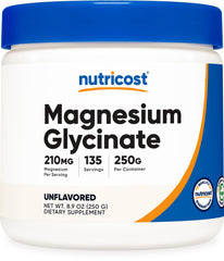 Nutricost Magnesium Glycinate Powder bottle, unflavored for daily supplementation.