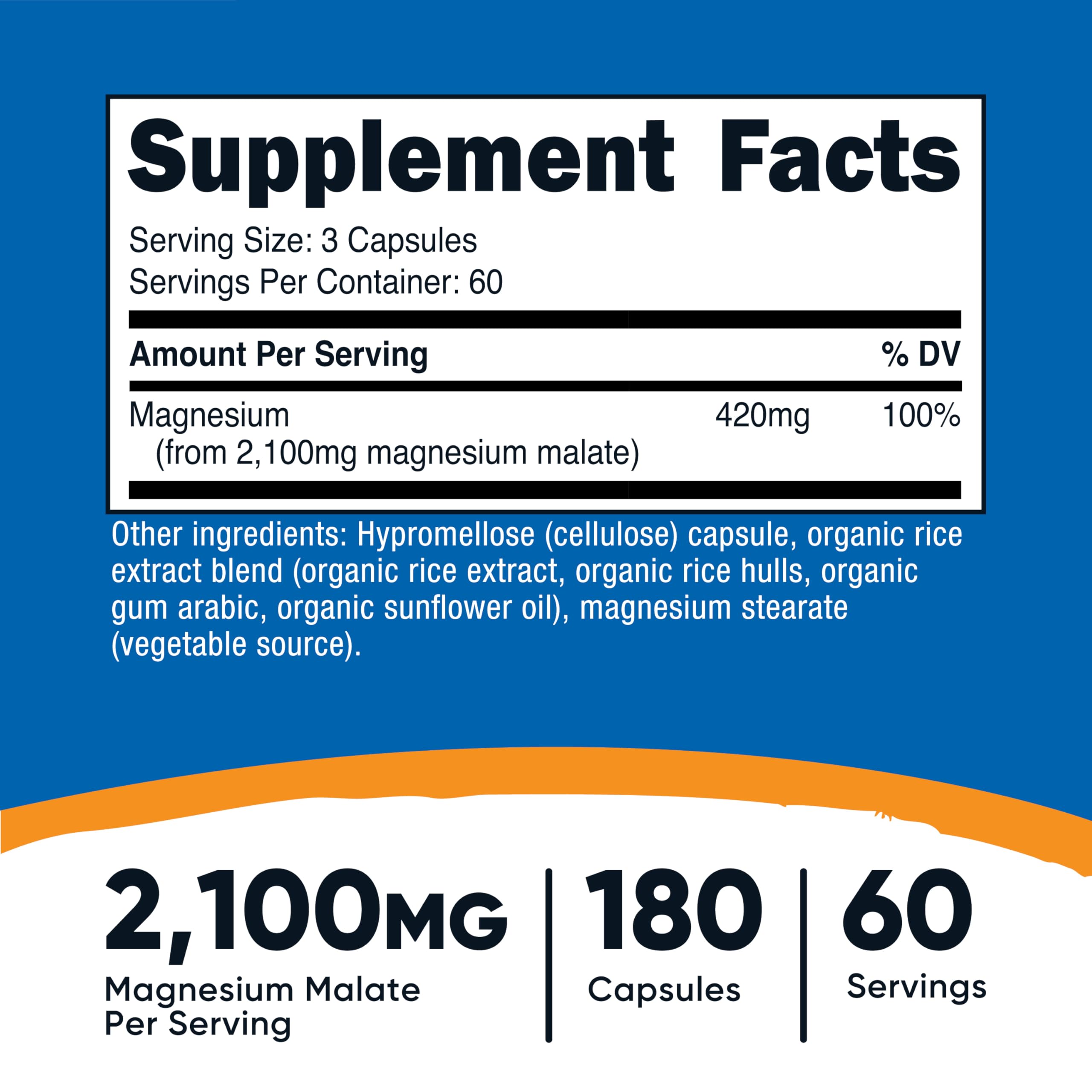 Nutricost Magnesium Malate bottle label highlights gluten-free and non-GMO features.