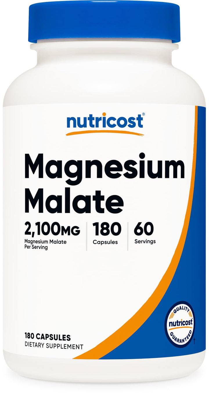 Nutricost Magnesium Malate bottle and label highlighting high mg per serving for daily support.