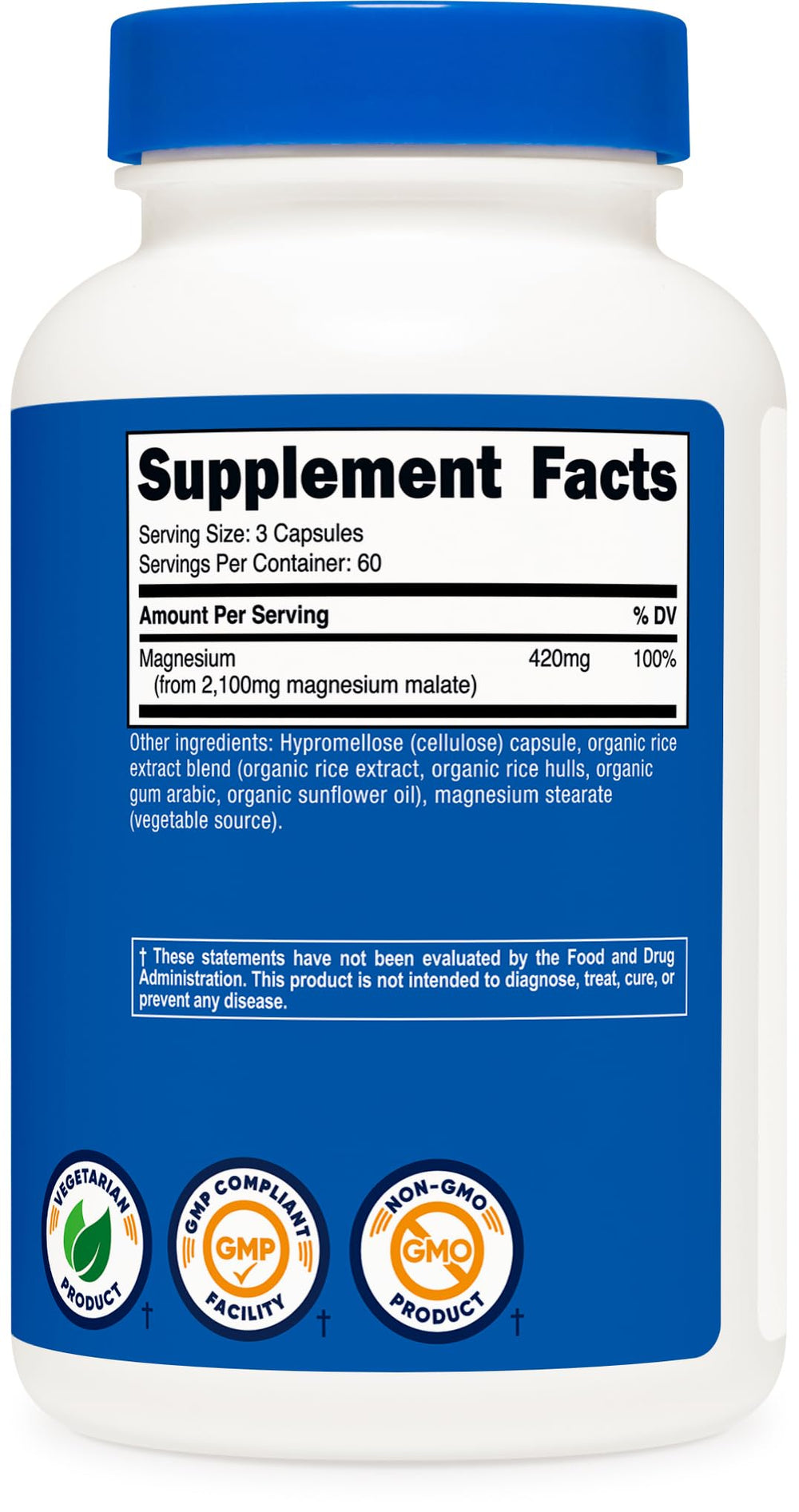 Nutricost Magnesium Malate box features NSF/GMP/FDA quality labeling.