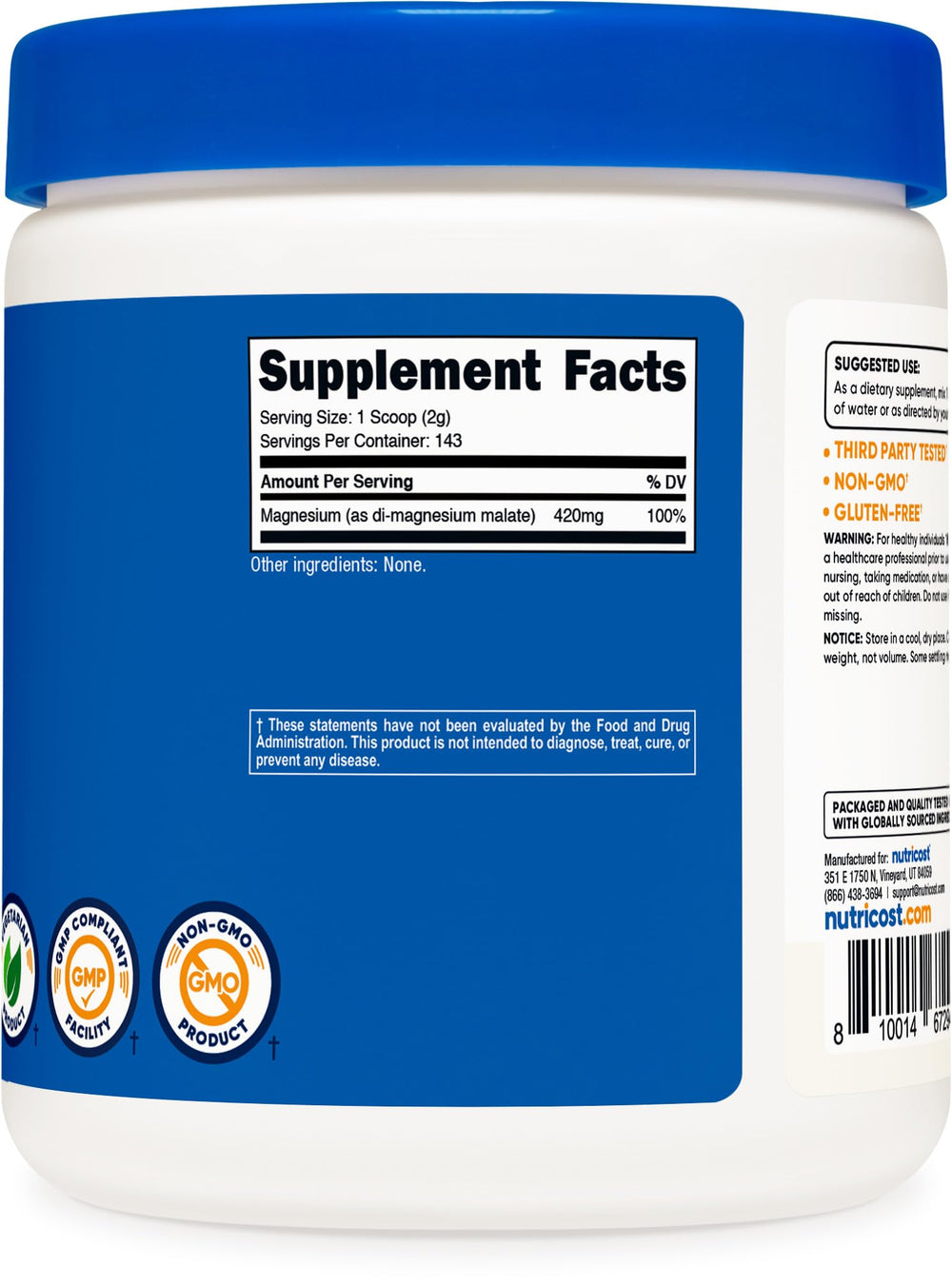 Nutricost Magnesium Malate jar on shelf from a GMP facility.