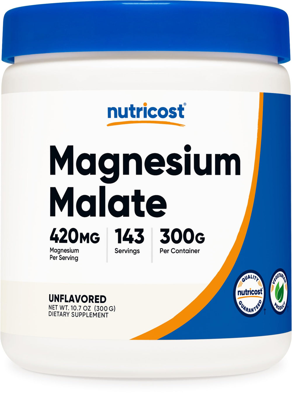 Nutricost Magnesium Malate Powder bottle shows 420 mg per serving for daily support.