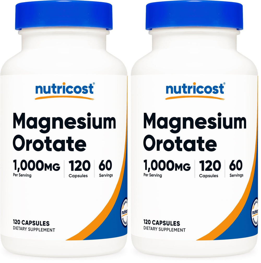 Nutricost Magnesium Orotate bottle on countertop for daily supplement routine