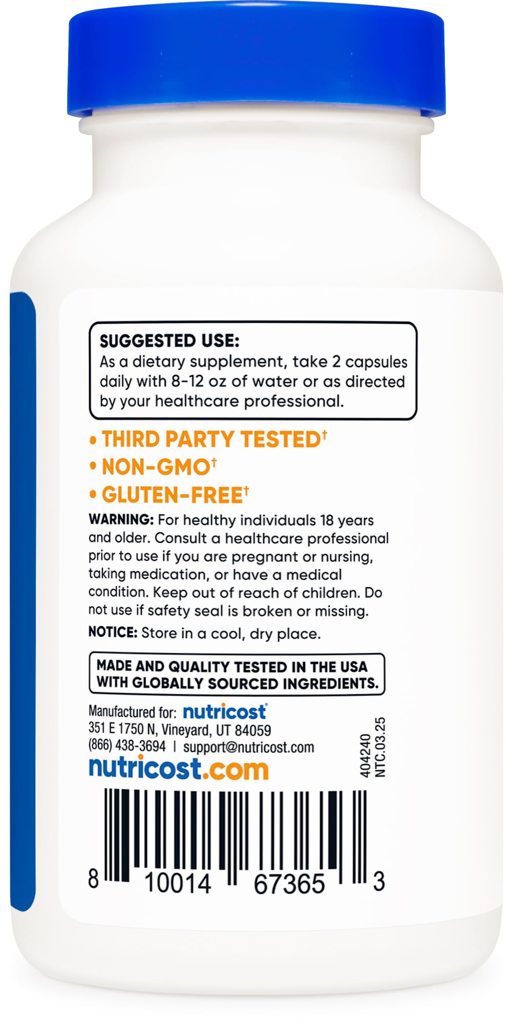Nutricost Magnesium Orotate capsules bottle highlighting 60 servings for long-term supply.