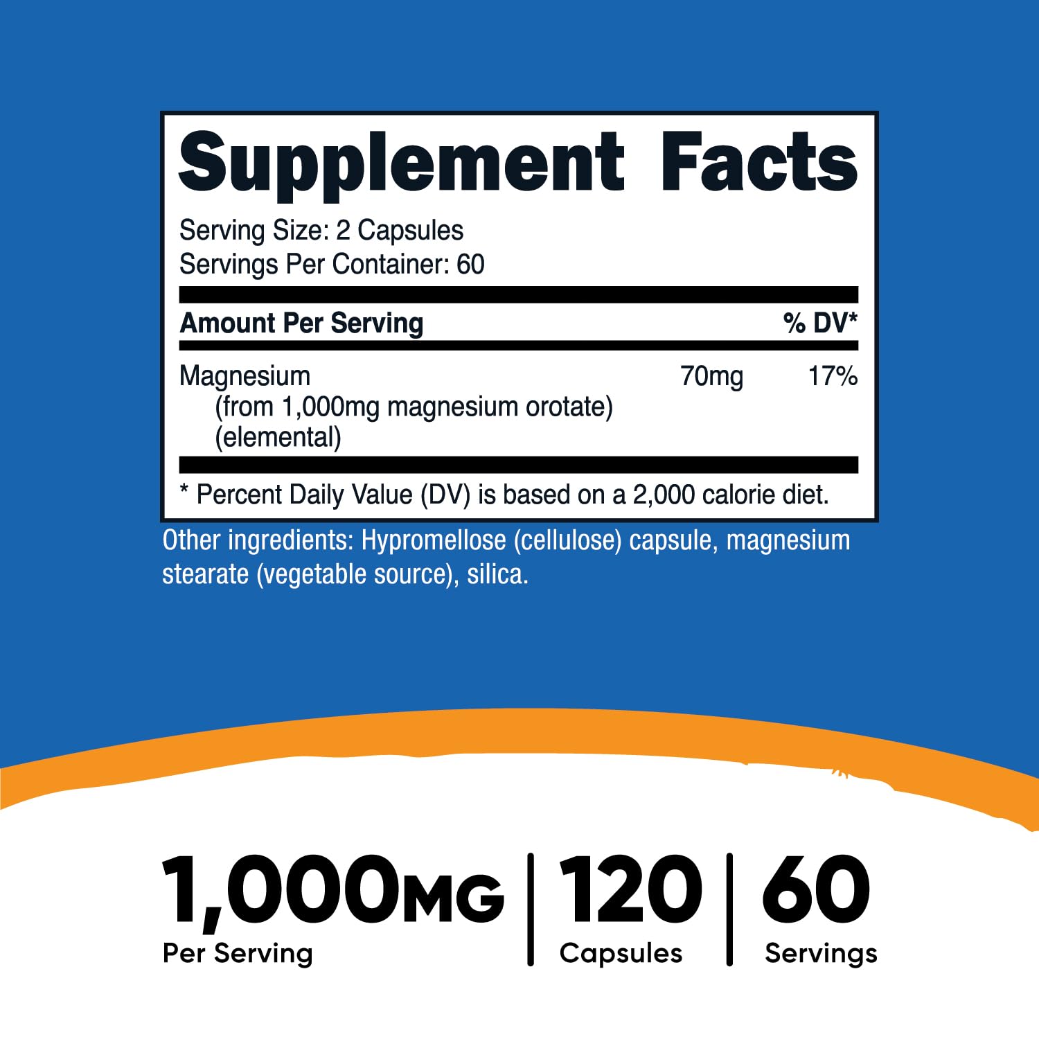 Nutricost Magnesium Orotate capsules close-up showing 60 servings per bottle