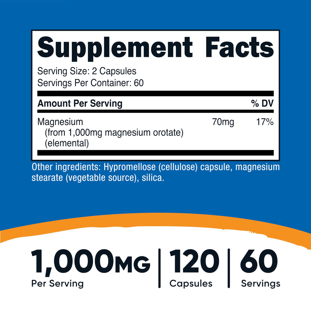 Close-up of Nutricost Magnesium Orotate capsules for convenient vegetarian supplement.