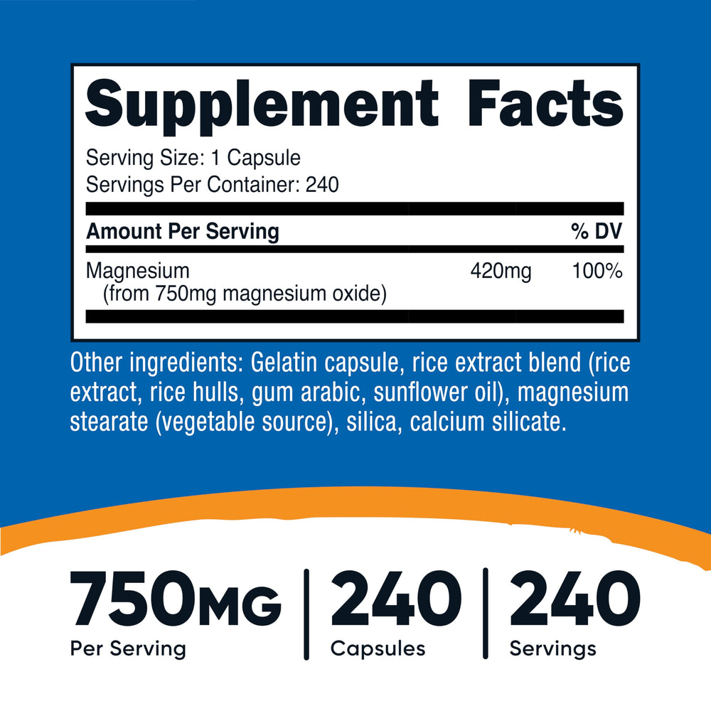 Nutricost Magnesium Oxide 750mg bottle highlights 240 capsules.