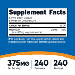 Nutricost Magnesium Oxide capsules close-up highlighting easy-to-swallow formula.