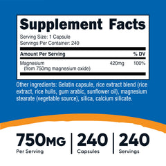 Nutricost Magnesium Oxide 750mg bottle highlights 240 capsules.