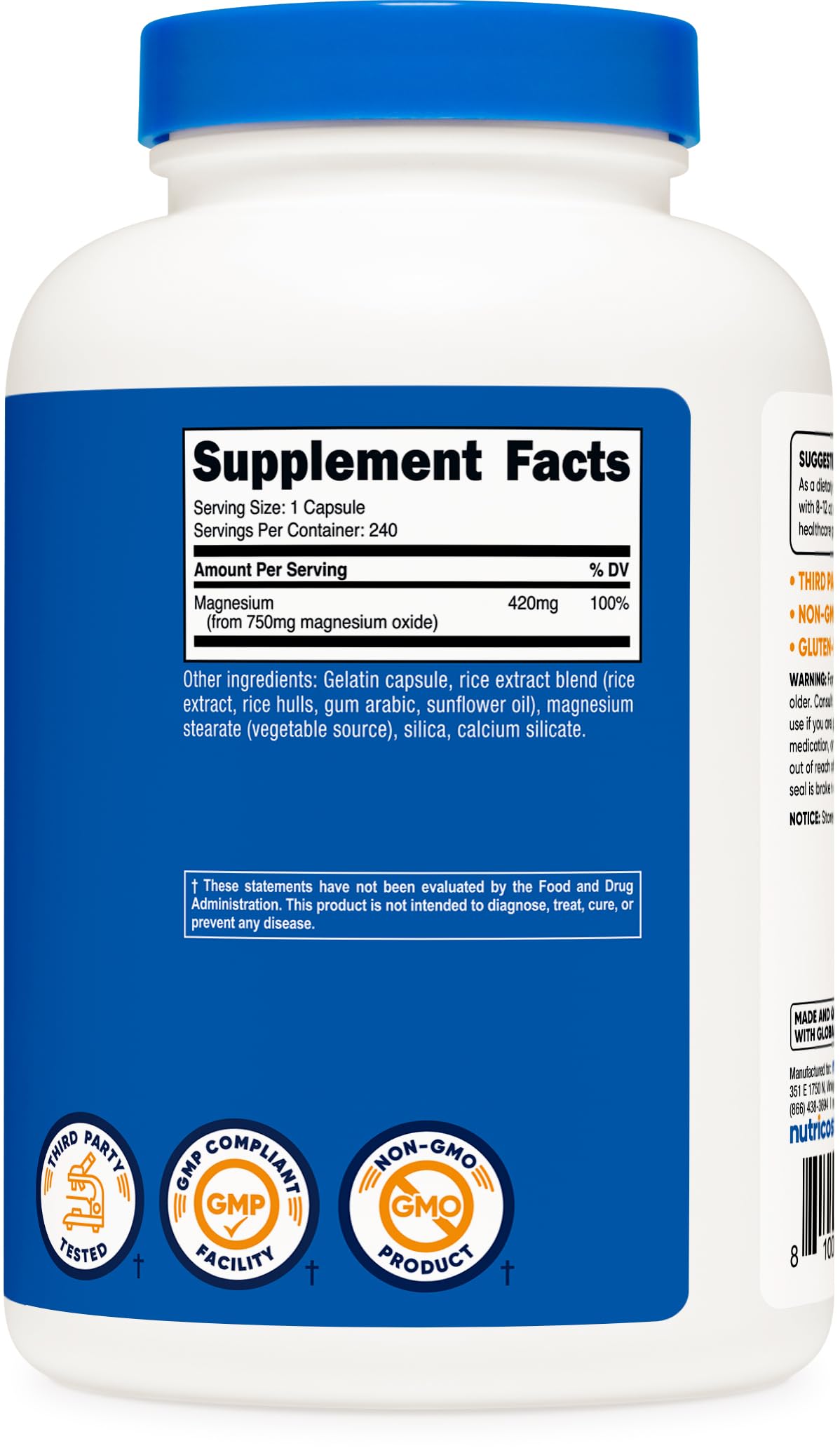 Nutricost magnesium oxide gluten-free packaging supports dietary choices.