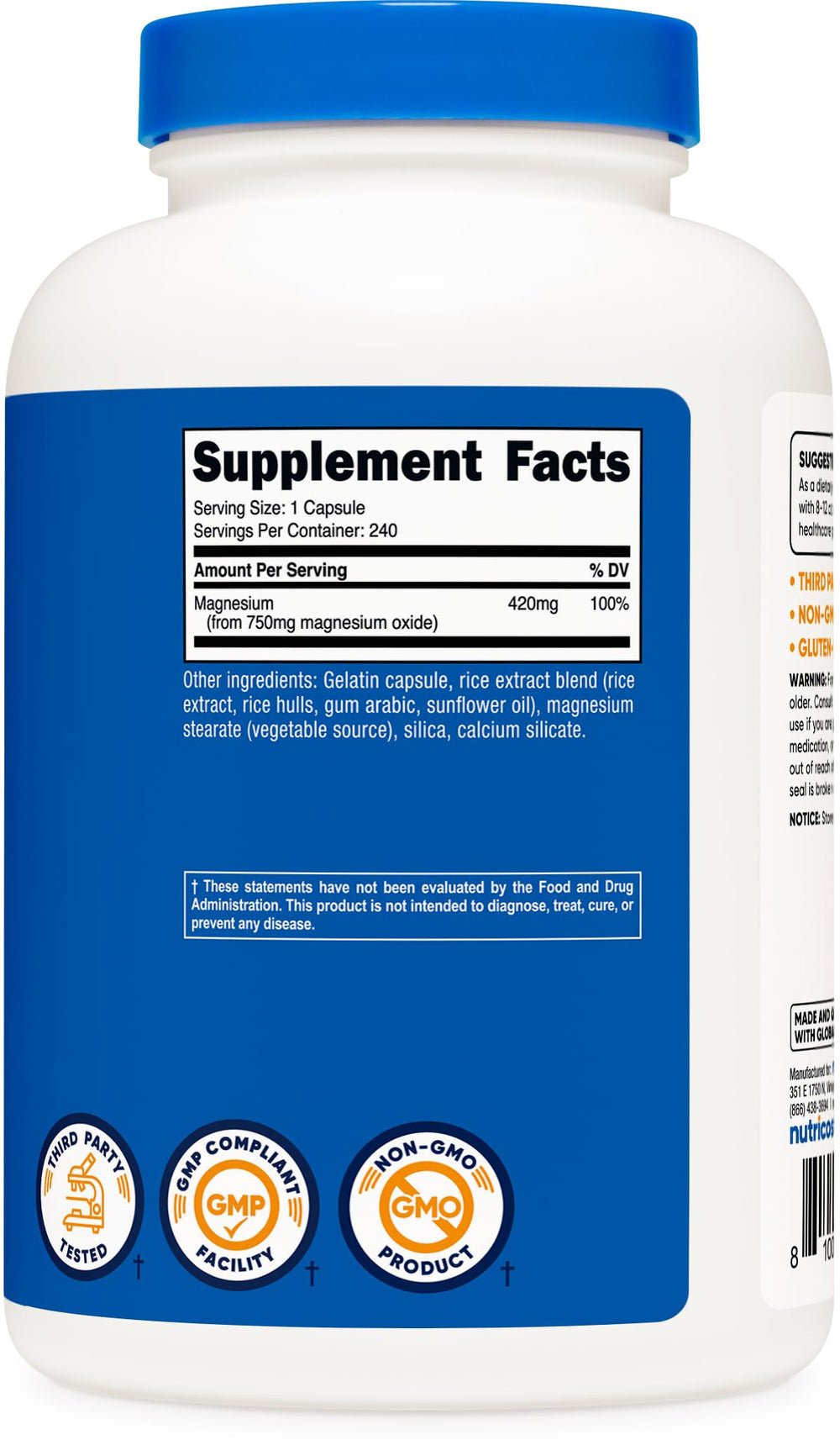 Nutricost magnesium oxide gluten-free packaging supports dietary choices.