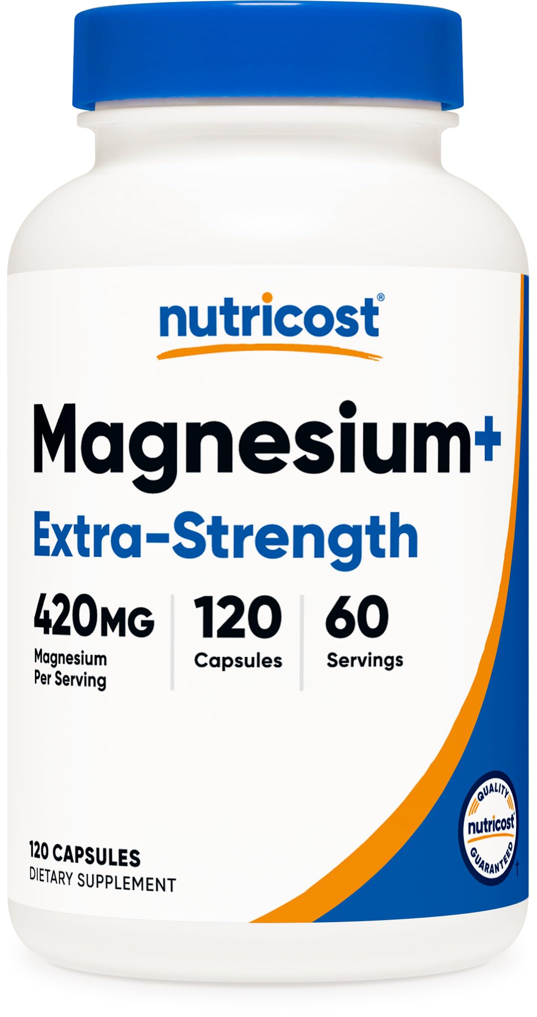 Nutricost Magnesium+ bottle close-up showing 420 mg per serving for daily use.