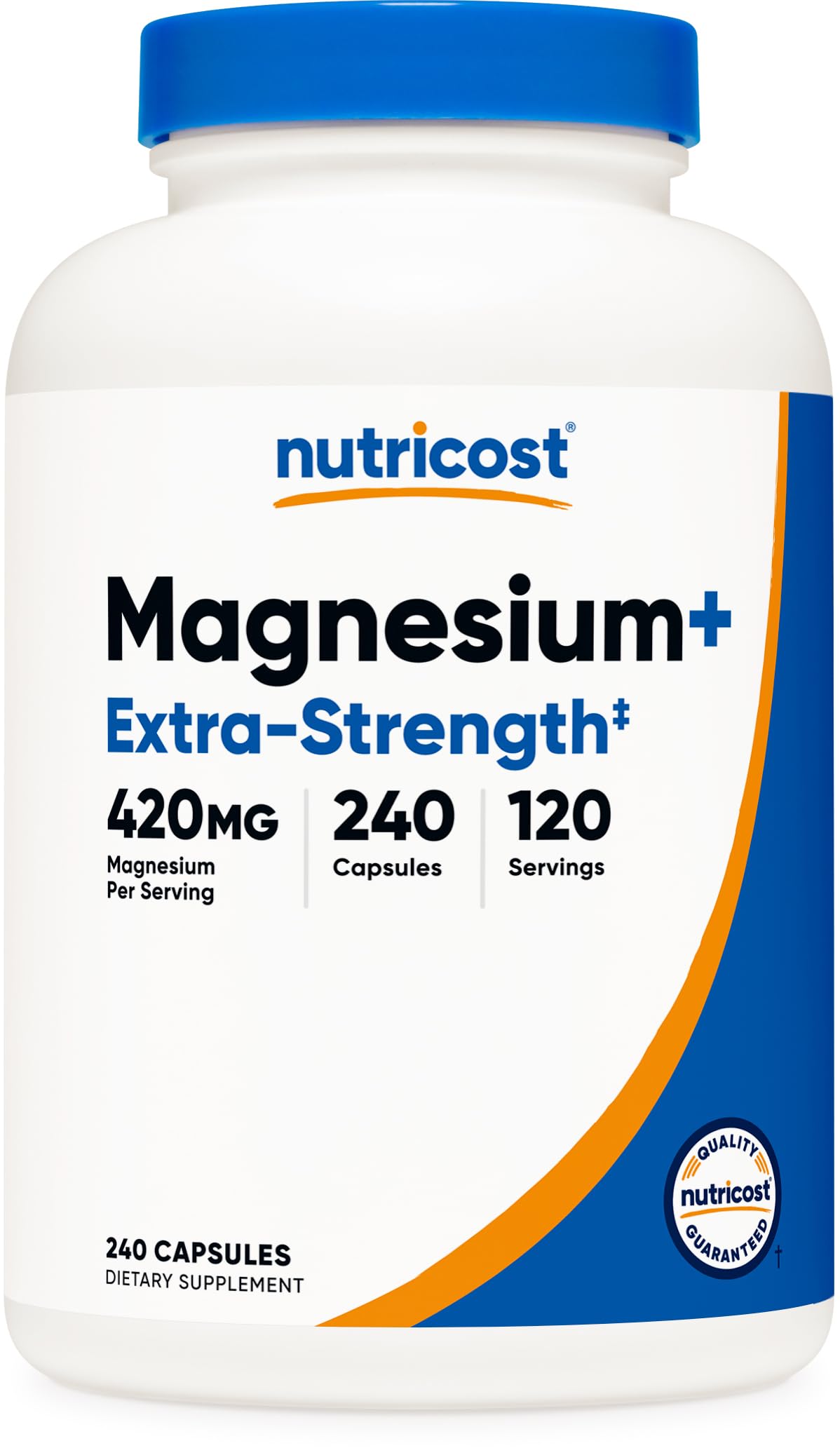 Nutricost Magnesium+ bottle front view shows extra strength magnesium for daily support